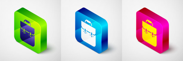 等距学校背包图标孤立在灰色背景。方形按钮。向量图片下载