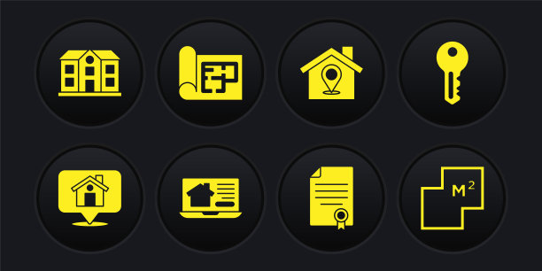 设置位置与房子，房子钥匙，在线房地产，合同，计划和图标。向量图片下载