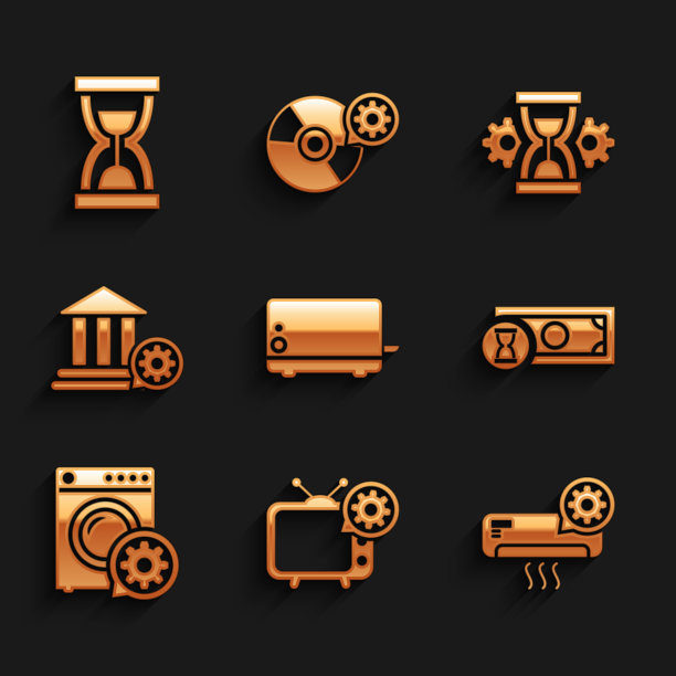 设置烤面包机，电视设置，空调，快速付款，洗衣机和银行建筑图标。向量图片下载