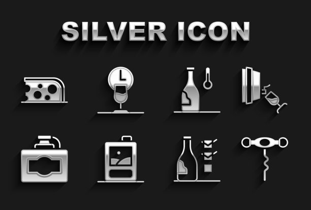 设置葡萄酒纸箱，葡萄酒品尝，品尝，开瓶器，瓶子，温度，奶酪和时间图标。向量图片下载