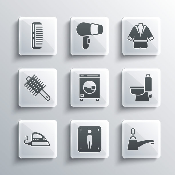 设置男厕所，水龙头，马桶，洗衣机，电熨斗，发刷和浴袍图标。向量图片下载