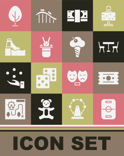 集曲棍球桌，票，野餐与椅子，堆纸钱现金，魔术师帽子和兔子，水滑梯，树和冰淇淋在华夫蛋筒图标。向量图片下载