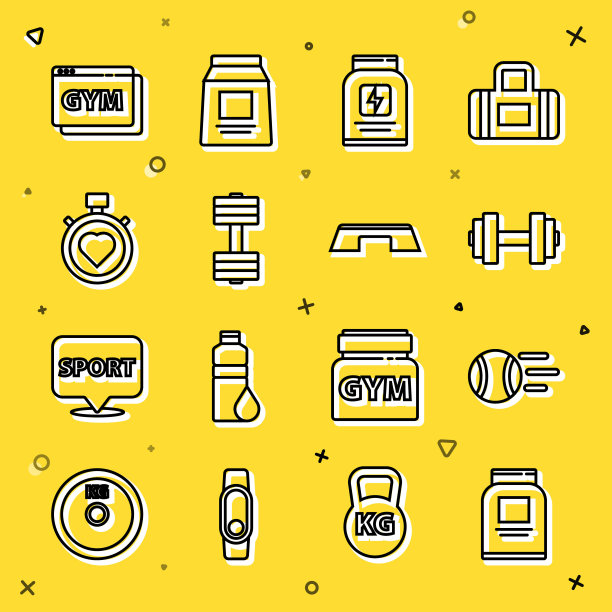 集线上运动营养、网球、哑铃、心脏中心秒表、在线健身训练及Step平台图标。向量图片下载