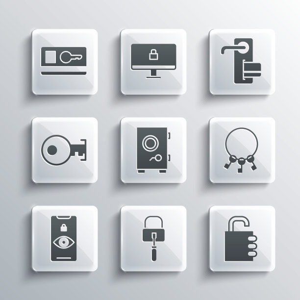 设置锁采摘锁，安全组合，钥匙束，眼睛扫描，钥匙，卡片和数字门图标。向量图片下载