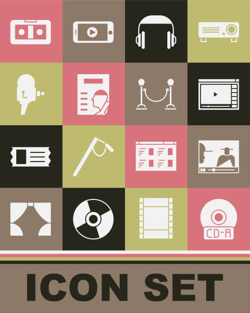 设置CD或DVD磁盘，在线播放视频，耳机，电影海报，复古电影相机，VHS盒式磁带和绳索障碍图标。向量图片下载