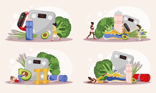 一组运动横幅，上面有女孩在运动，蔬菜和运动器材。图片下载