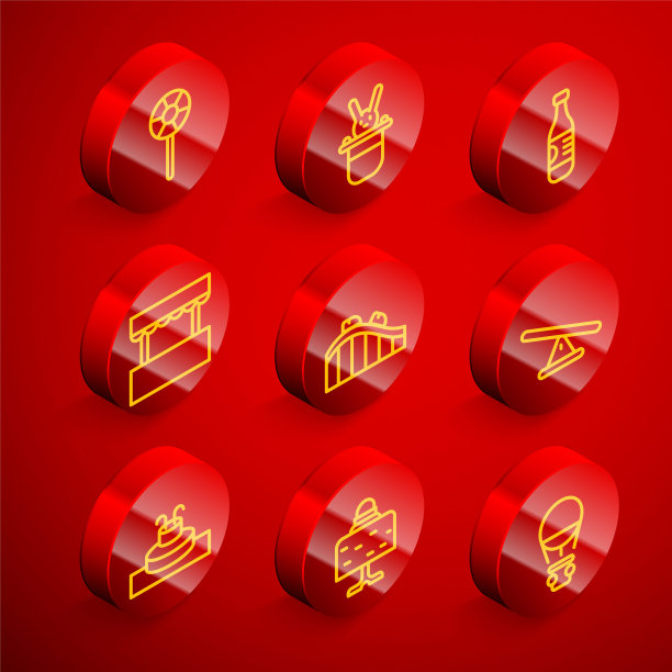 设置线棒棒糖，魔术师帽子和兔子，瓶装水，门票票房，过山车，跷跷板，喷泉和球在桌子上的图标。向量图片下载