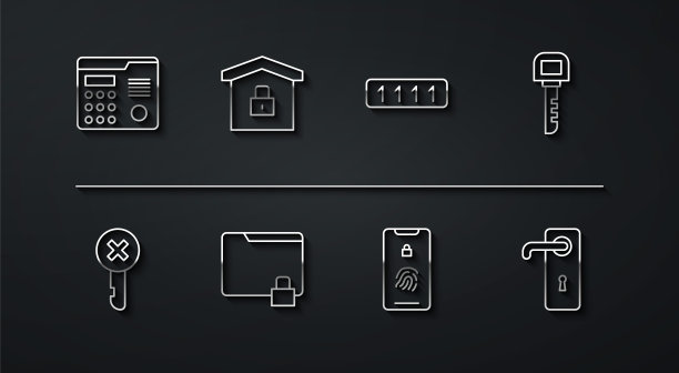设置线路内部对讲系统，错键，钥匙，手机指纹扫描，文件夹和锁，保护，门把手和密码图标。向量图片下载