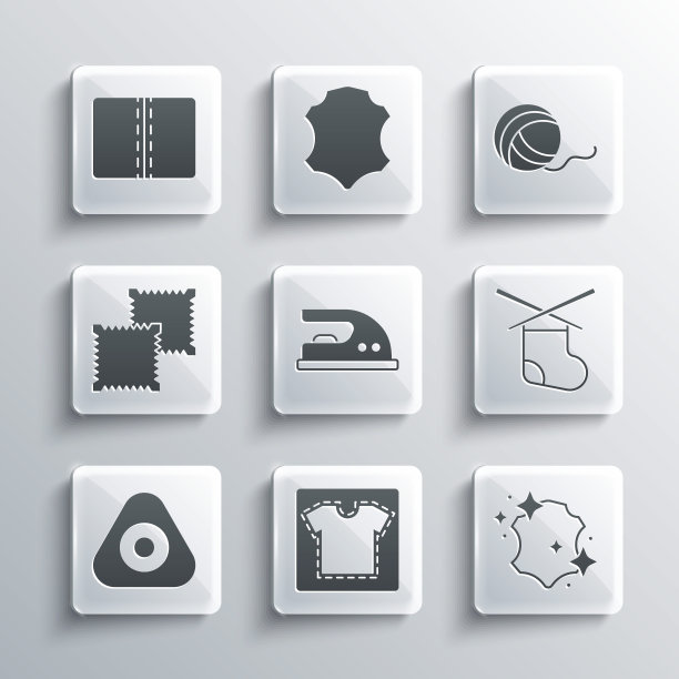 集缝制图案，皮革，针织针，电熨斗，粉笔，纺织织物卷，和纱线球图标。向量图片下载