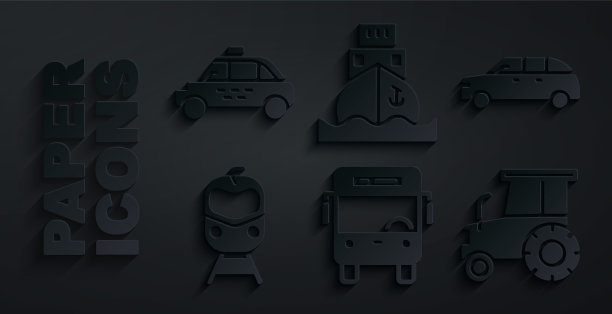 集巴士，掀背车，火车和铁路，拖拉机，货船和出租车图标。向量图片下载