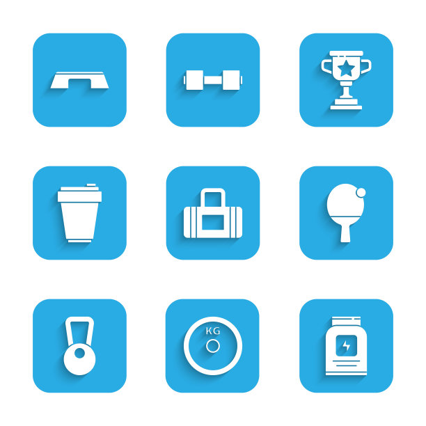 集运动包，重量板，运动营养，球拍和球，壶铃，健身摇壶，奖杯和步骤平台图标。向量图片下载