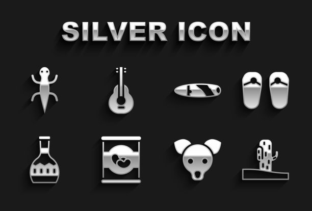 设置豆子罐头，人字拖，仙人掌，狗，龙舌兰酒瓶，雪茄，蜥蜴和墨西哥吉他图标。向量图片下载