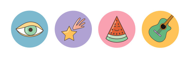 卡通眼睛、星星、西瓜、吉他图标矢量素材。70年代复古迷幻贴纸套装图片下载