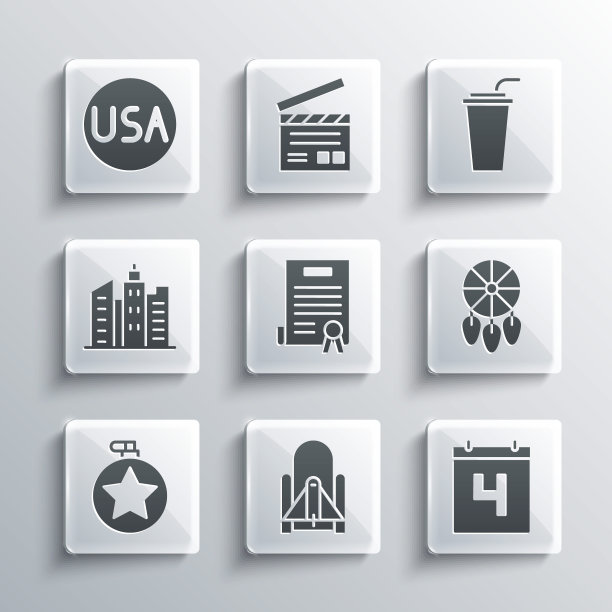 设置火箭从航天发射场发射，日期为7月4日的日历，捕梦网羽毛，独立宣言，食堂水瓶，城市景观，美国标签和纸玻璃吸管图标。向量图片下载