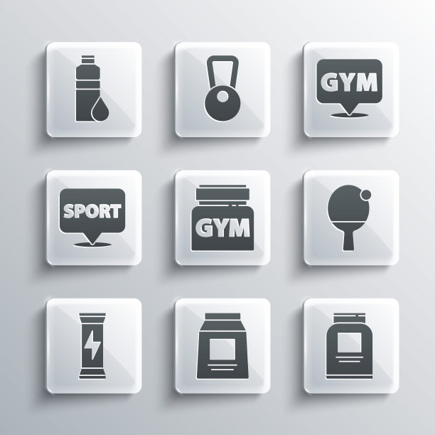 设置运动营养，球拍和球，位置健身房，健身震动器和图标。向量图片下载