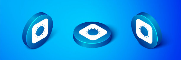 等距太阳图标隔离在蓝色背景。蓝色圆圈按钮。向量图片下载