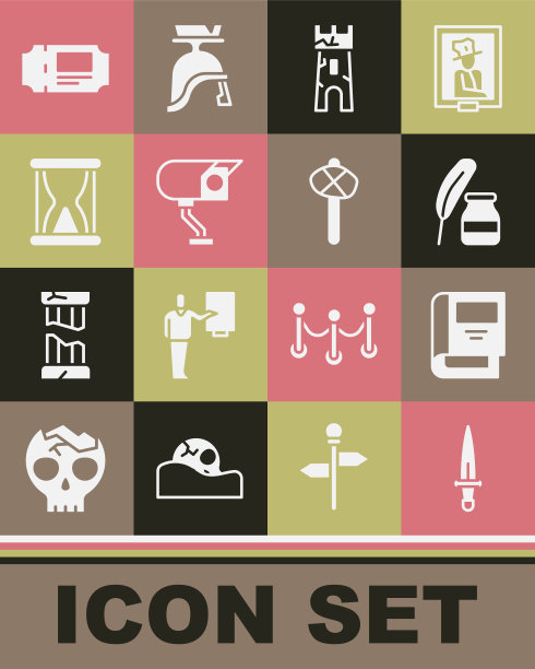 集匕首，历史书，羽毛和墨水瓶，城堡塔，安全摄像头，旧沙漏与沙子，博物馆门票和石器时代的锤子图标。向量图片下载