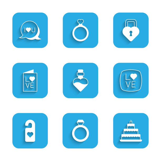 套装瓶子里有爱情药水，结婚戒指，蛋糕，爱情文字，请不要打扰心，情人节派对传单，城堡的形状和言语泡泡我你的图标。向量图片下载