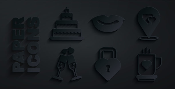 设置城堡在心脏的形状，位置，玻璃香槟，咖啡杯和，微笑的嘴唇和婚礼蛋糕的图标。向量图片下载