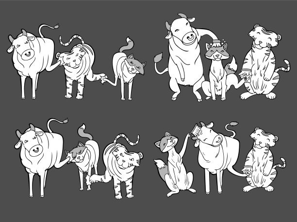 四动作三动物，牛-牛，老虎，狐狸图片下载