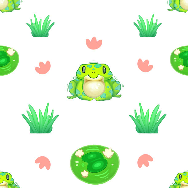 一个绿色的青蛙和莉莉Pad模式的孩子图片下载