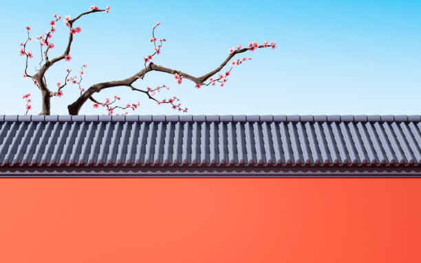 梅花配中国古墙，3d渲染。图片下载