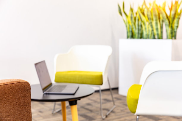 公司内部客厅区域的圆桌和椅子，笔记本电脑和植物隔板图片下载