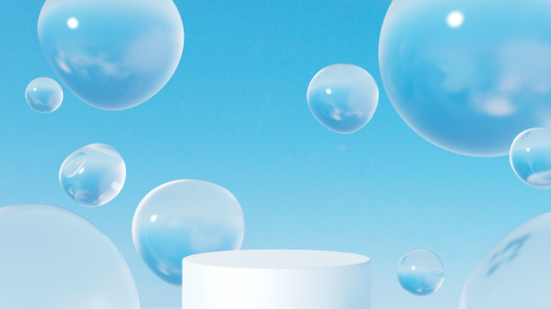 3 d演示。空间有多个圆形水滴。白色圆柱体的底座。(水平)图片下载