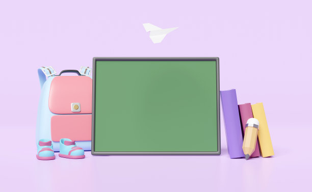 3d回到学校与绿色黑板，背包，教科书，合拢的书，运动鞋，鞋子，书包，铅笔图标孤立在紫色的背景。教育概念，3d渲染插画图片下载