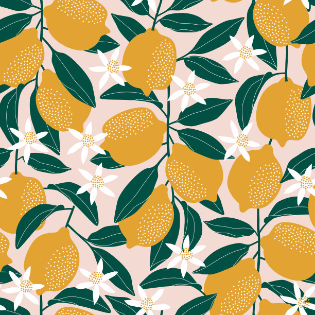 夏季无缝图案柠檬和叶子。重复的背景。图片下载