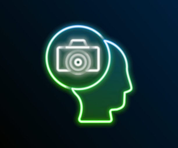 发光的霓虹灯线照片相机图标孤立的黑色背景。与相机。数码摄影。色彩缤纷的轮廓概念。向量图片下载