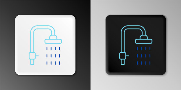 线淋浴头与水滴流动图标隔离在灰色背景。色彩缤纷的轮廓概念。向量图片下载