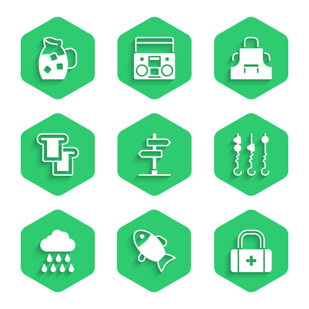 设置道路交通标志，鱼，急救箱，烤羊肉串，云与雨，面包吐司，厨房围裙和水壶玻璃水图标。向量图片下载