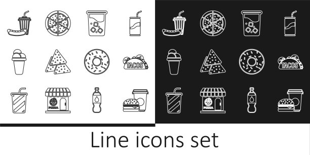 设置线咖啡和汉堡，墨西哥玉米饼，玻璃水，玉米片，冰淇淋，苏打热狗，甜甜圈和披萨图标。向量图片下载