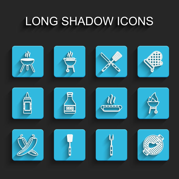 设置线交叉辣椒辣椒荚，烧烤铲，烧烤，叉子，牛排，番茄酱瓶，和热狗三明治图标。向量图片下载