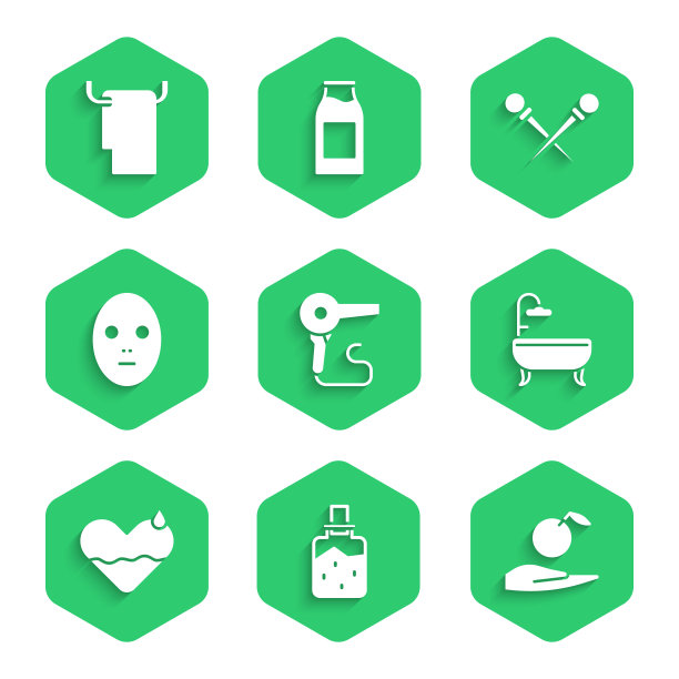 设置吹风机，水疗盐，苹果在手，浴缸，心脏愈合，面部美容面膜，编织针和毛巾在衣架图标。向量图片下载