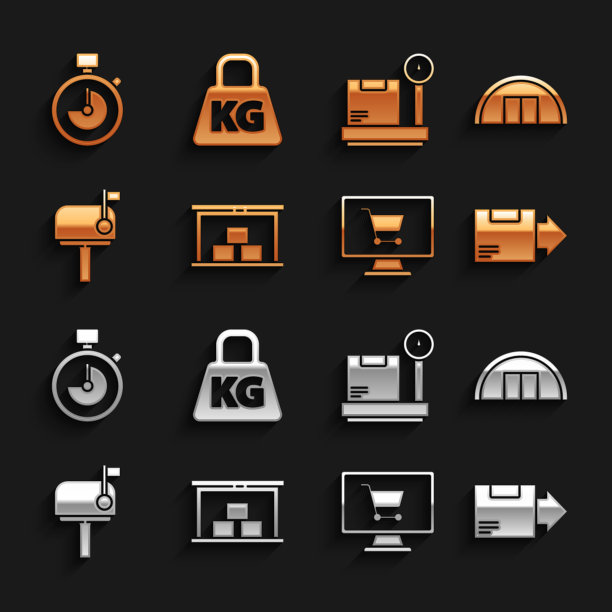 集仓库，纸箱纸箱，购物车电脑，邮件，秤，秒表和重量图标。向量图片下载