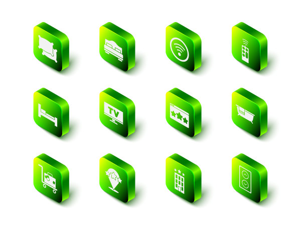 集酒店客房床，Wi-Fi无线，遥控器，浴缸，电梯，五星评级审查，建筑和图标。向量图片下载