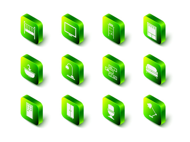 在桌子上设置相框，浴室架，毛巾架，衣柜，沙发，台灯，书架书，马桶和图标。向量图片下载