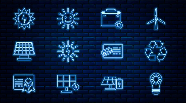 设置线太阳能板，回收符号，汽车电池与回收，财务文件和可爱的太阳微笑图标。向量图片下载