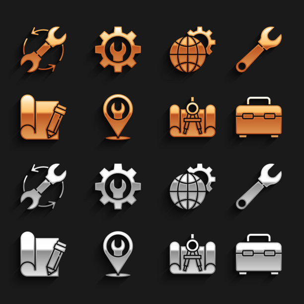 设置位置与扳手扳手，扳手，工具箱，绘图纸和指南针，铅笔，地球齿轮，箭头工作流和图标的地球仪。向量图片下载