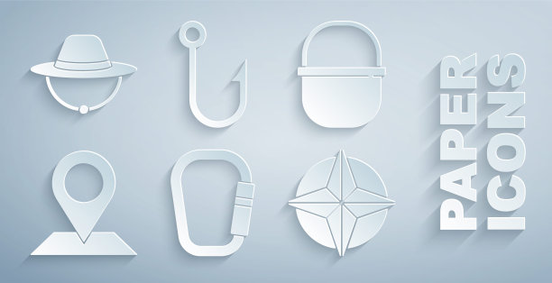 集锁扣，露营锅，位置，风玫瑰，钓鱼钩和帽子图标。向量图片下载