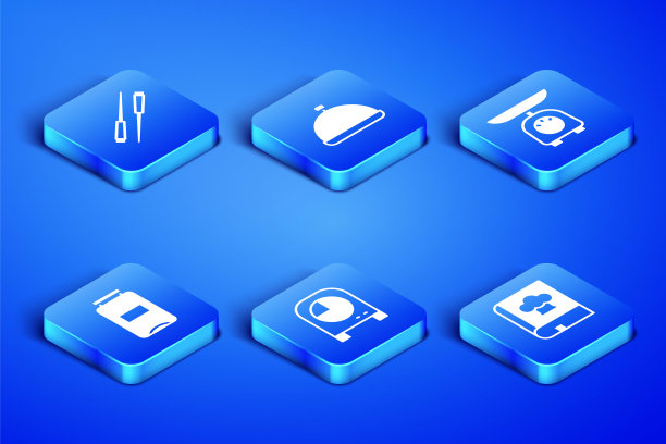 集烹饪书，食物筷子，厨房定时器，果酱罐，覆盖的食物和鳞片托盘图标。向量图片下载