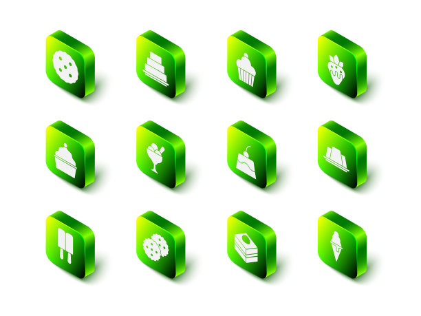 蛋糕，草莓巧克力，果冻蛋糕，冰淇淋华夫蛋筒，布丁蛋奶冻，布朗尼和饼干或饼干图标。向量图片下载