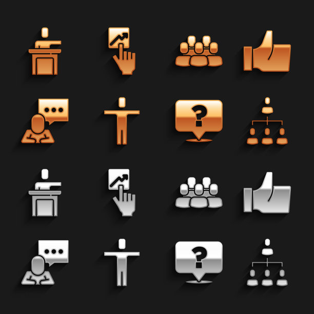 设置猎头，手喜欢，层次结构图，问号，语音气泡聊天，项目团队基地，演讲者和团队领导图标。向量图片下载