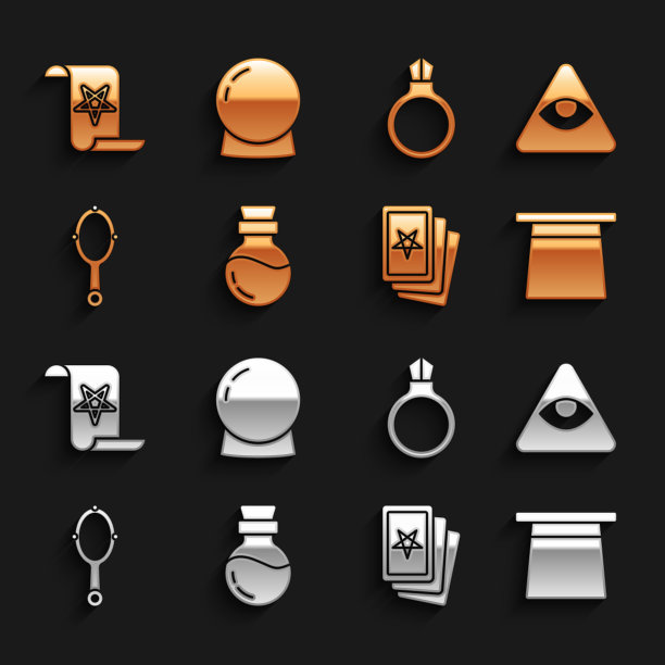 集瓶药水，石匠，魔术帽，三塔罗牌，手镜，石戒指宝石，古老的魔法书和球图标。向量图片下载