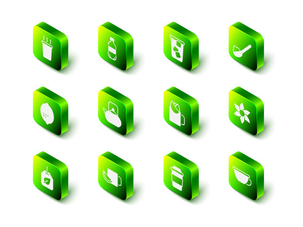 集瓶装水，冰茶，勺子与糖，花，杯，玫瑰，和柠檬图标。向量图片下载