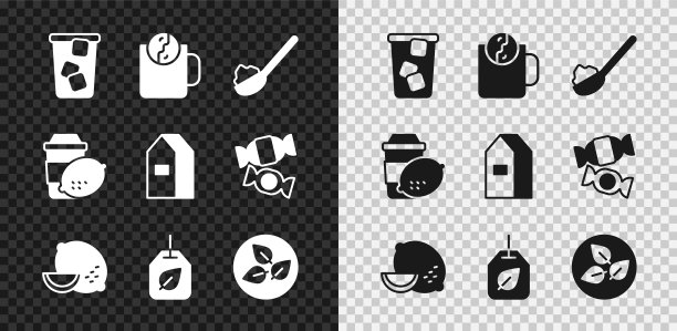 设置冰茶，茶时间，糖勺，柠檬，袋叶，柠檬杯和牛奶图标的纸包装。向量图片下载