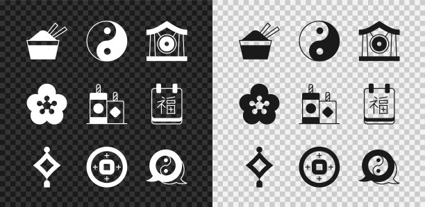 用筷子、阴阳符号、锣乐器、中国纸灯笼、人民币、莲花和烟花图标将冰放入碗中。向量图片下载