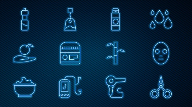 套装线剪刀，面部美容面膜，乳霜乳液管，苹果在手，瓶装水，竹茎带叶子和茶包图标。向量图片下载